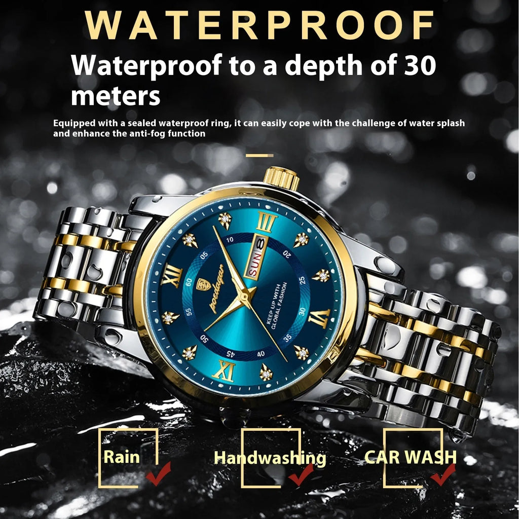Waterproof men's quartz watch with double calendar, luminous hands, 41mm dial, stainless steel strap, black shell surface