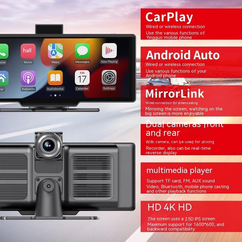 10.26-inch wireless CarPlay multimedia recorder with capacitive touch screen in black colour