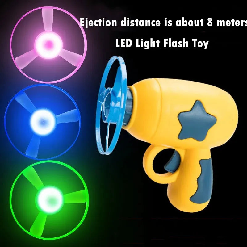 LED flashing flying saucer launcher toy set with colourful discs and gun