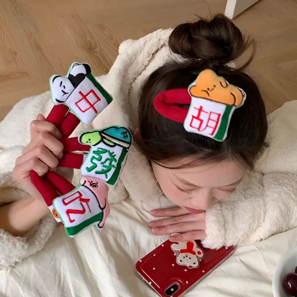Retro mahjong sponge bang clip hairpin with Chinese character wording, single New Year hair accessory