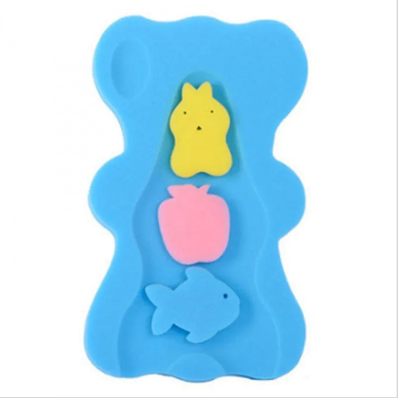 Yellow baby bath mat made of polyurethane sponge, 4.7 cm thick, on white background