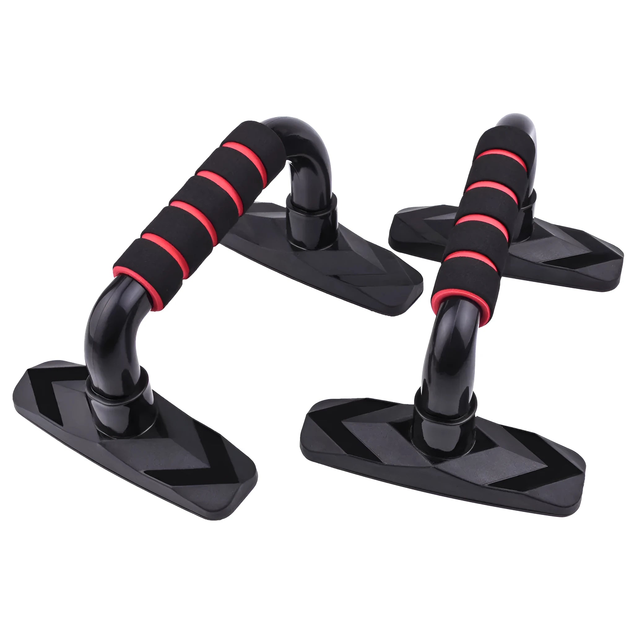 Set of two I-shaped push-up bars with diamond bases and blue PP sponge grips on a floor.
