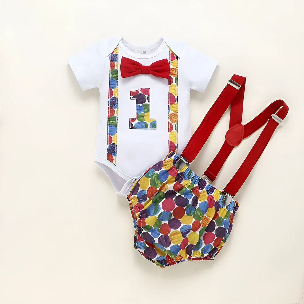 Cotton baby romper with dinosaur print and bows in blue
