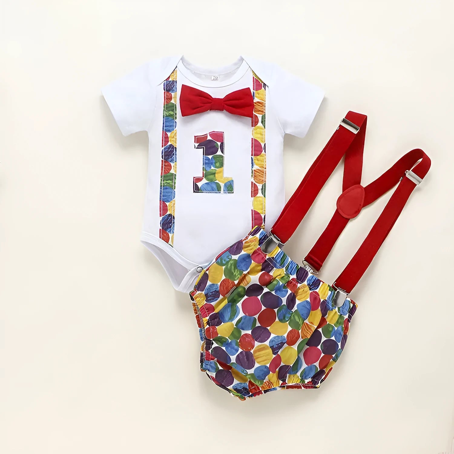 Cotton baby romper with dinosaur print and bows in blue