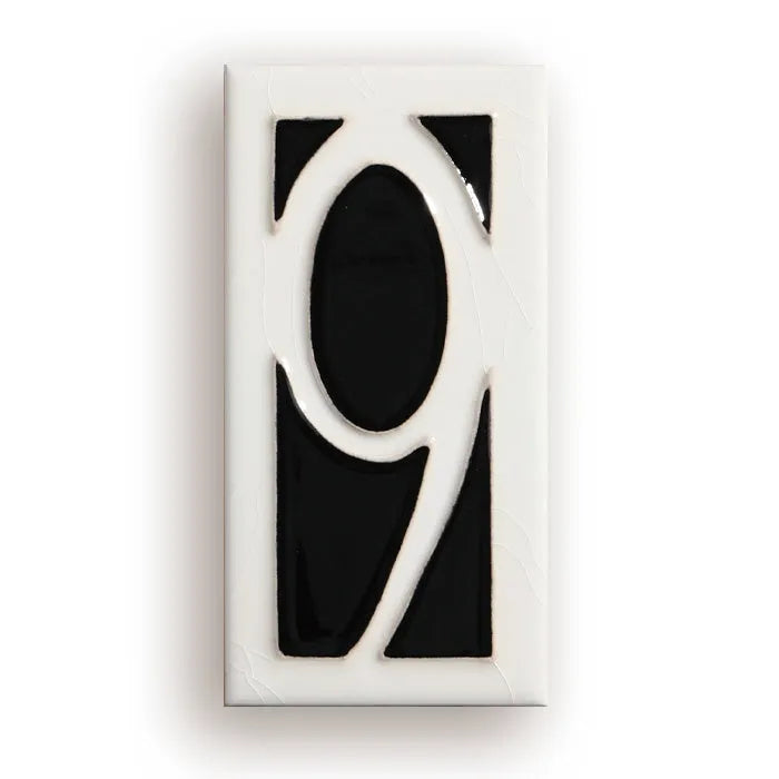Handmade retro-style ceramic doorplate with fired enamel number, shown against a door.