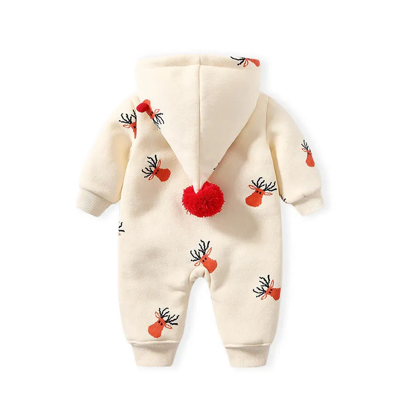 Khaki coloured padded baby one-piece suit with a Christmas moose print, shown on a hanger.