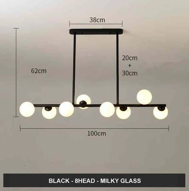 Modern minimalist glass bubble ball chandelier with 6 black arms and clear glass shades