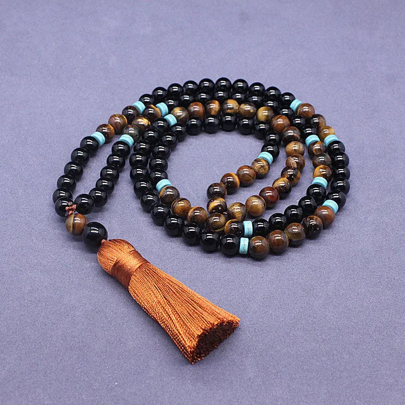 Black agate bracelet and tiger eye stone necklace set with geometric designs