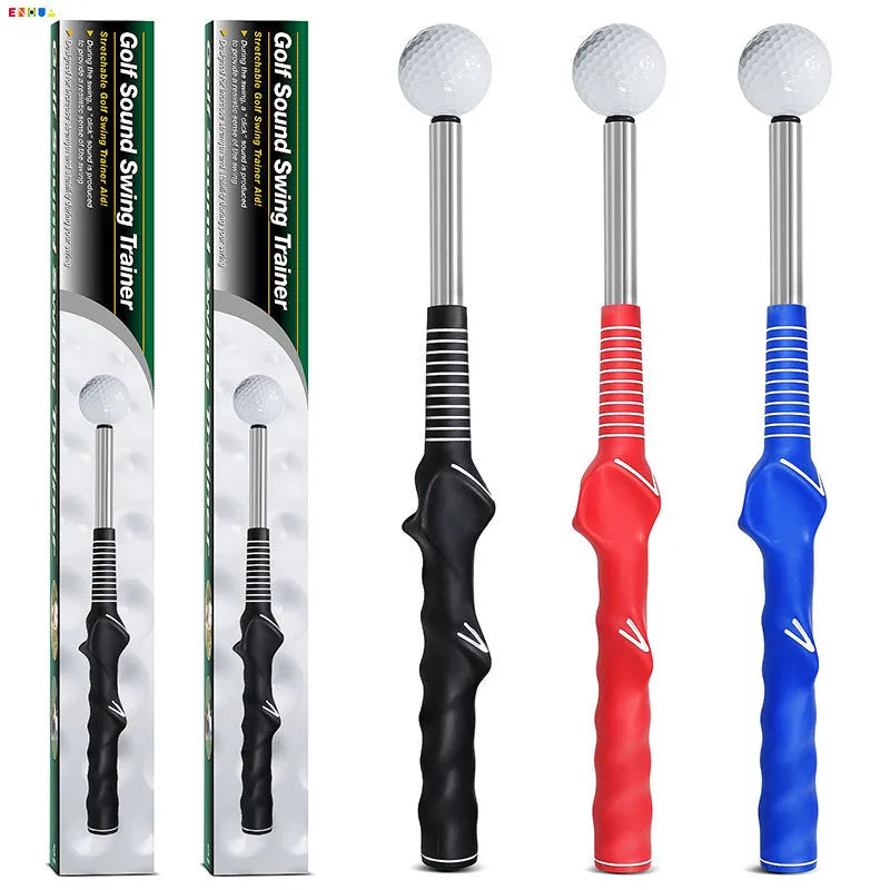 Telescopic stainless steel golf swing trainer in black, blue, and red colour options.