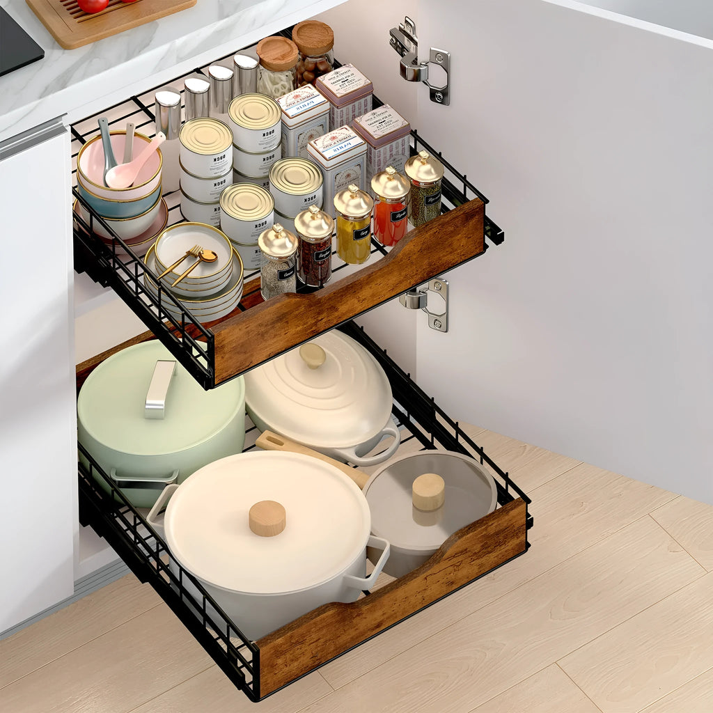 Black three-tier wooden basket storage drawer unit with iron frame on a kitchen countertop.