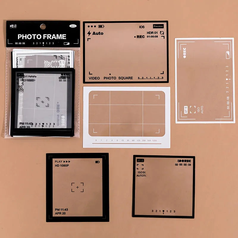 Pack of 15 retro frame decorative sticker sheets on transparent PET backing paper.