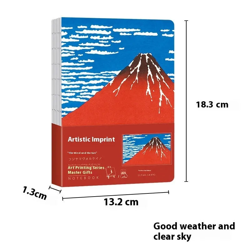 Ukiyo-e Kanagawa wave art cover hand ledger notebook open on a table.