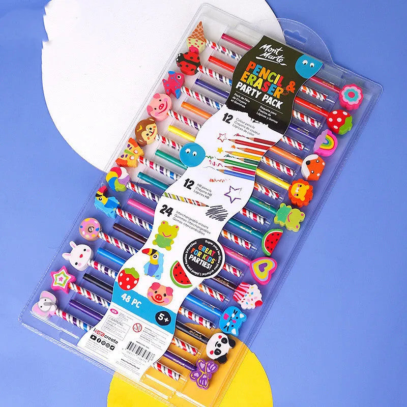 Set of 24 wooden coloured pencils in assorted colours, packaged in a cartoon-design paper box.