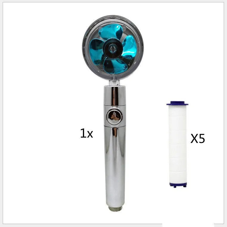 Blue handheld shower head with stop button and turbo nozzle on a chrome bracket.