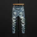Men's dark blue and light blue slim-fitting skinny jeans made from cotton denim.