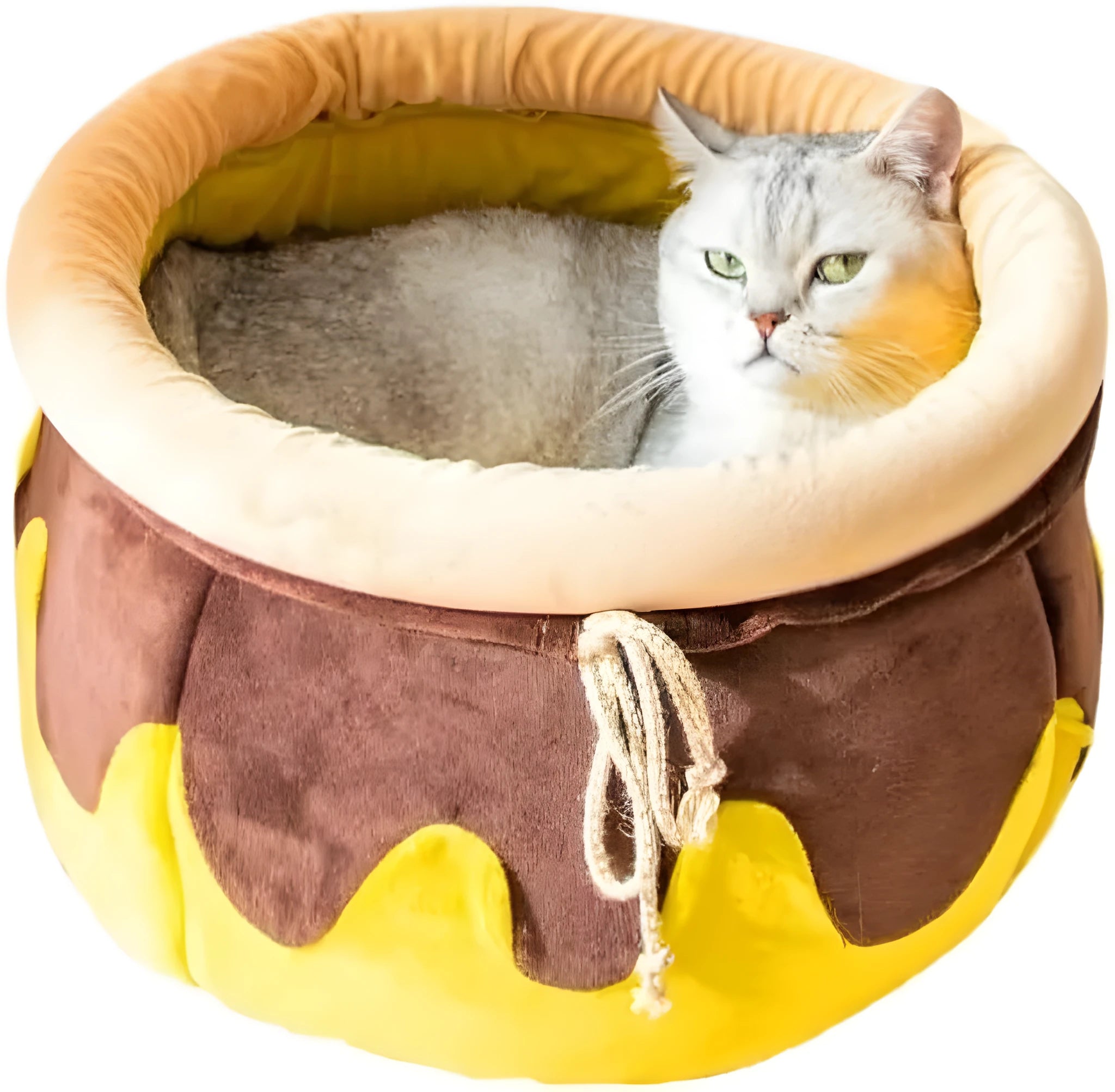 Pink honey pot shaped cat sofa bed with soft fleece and a removable cushion for small pets.