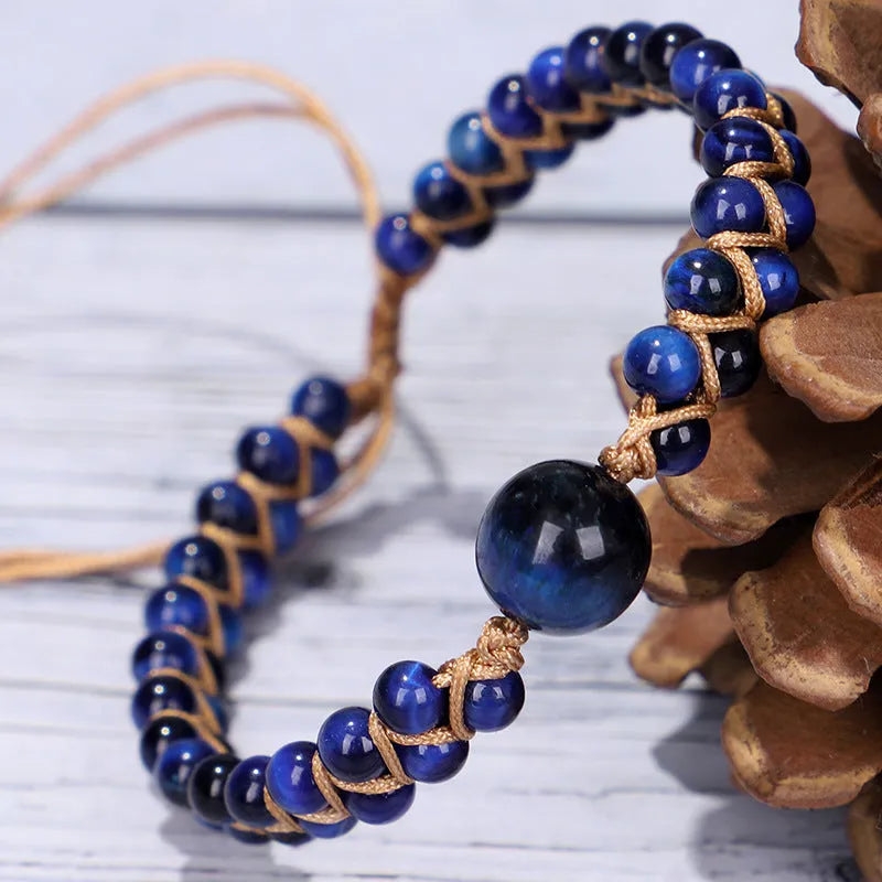 Handmade woven pull bracelet with geometric pattern in Tigereye or Amethyst stone beads