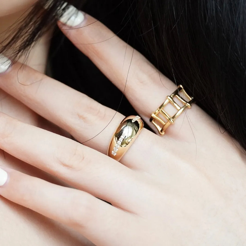 S925 sterling silver geometric ring for women in yellow gold colour with diamond treatment, US sizes 6 to 10