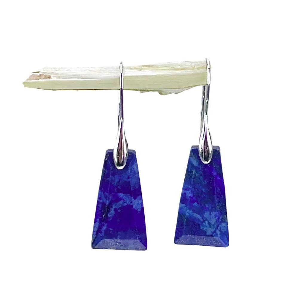 Natural lapis lazuli geometric earrings with crystal accents on gold and silver hooks