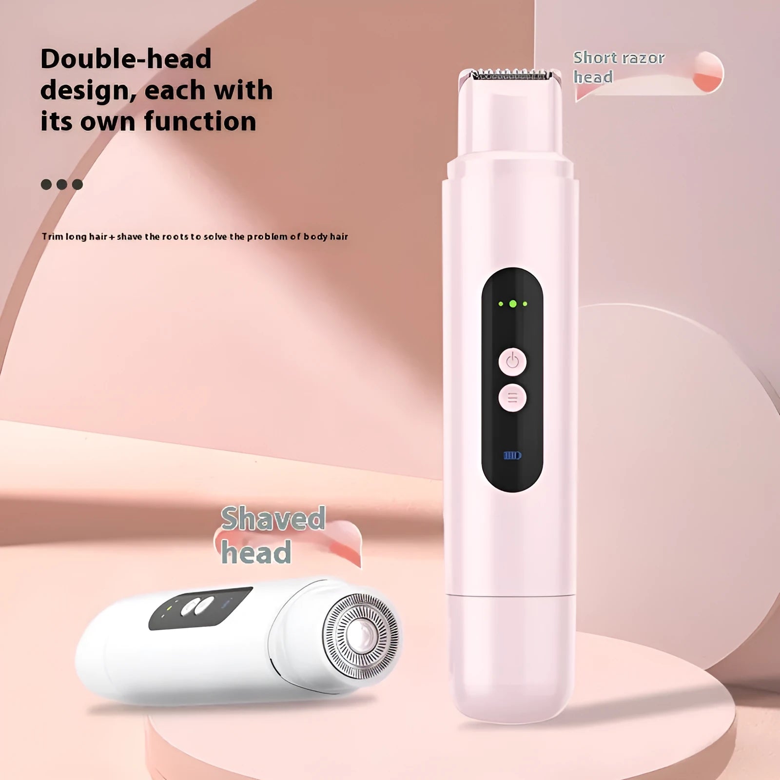 Portable electric depilator with floating blade in white or pink colour with USB charging cable