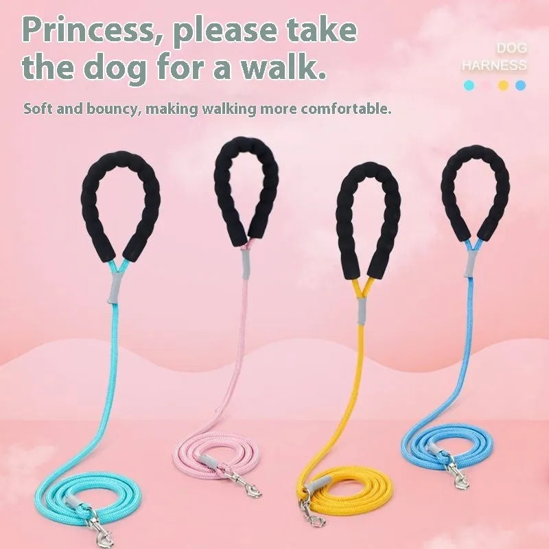 Polyester dog harness and hand-holding lead set in blue, green, pink, or yellow colour options.