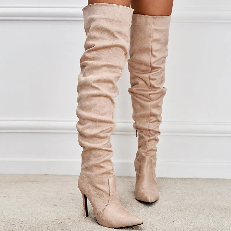 Women's pointed toe suede stiletto heel boots with side zipper, available in black, sizes 35-42