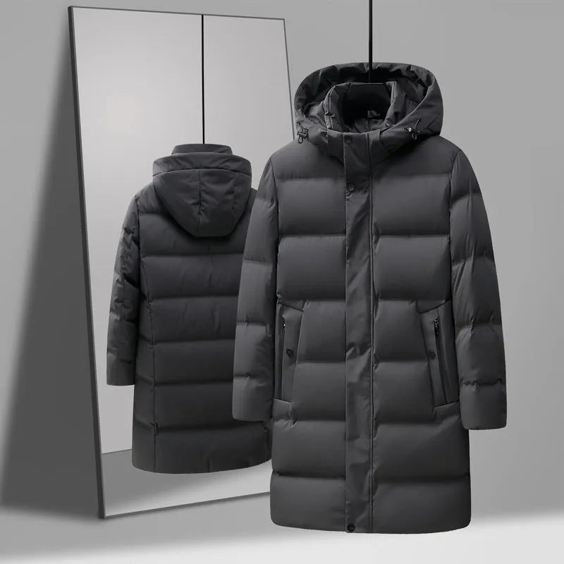 Men's mid-length solid colour polyester fibre down jacket coat for casual winter wear, available in black