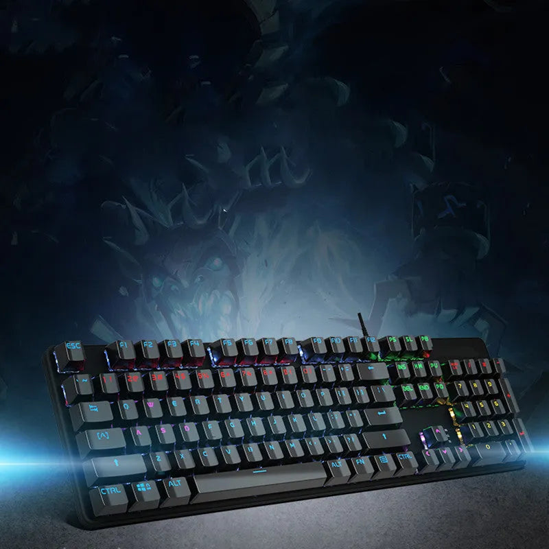 AOC GK410 wired mechanical keyboard with full 104-key layout and backlit keys on a metal frame.