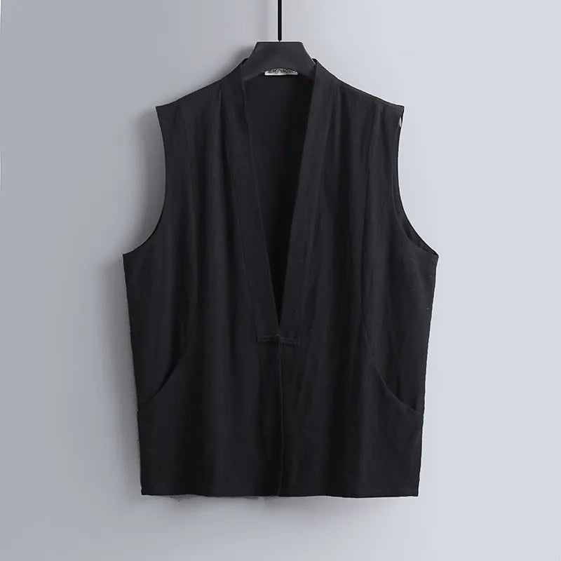 Men's grey linen sleeveless vest with a loose fit, shown on a hanger.