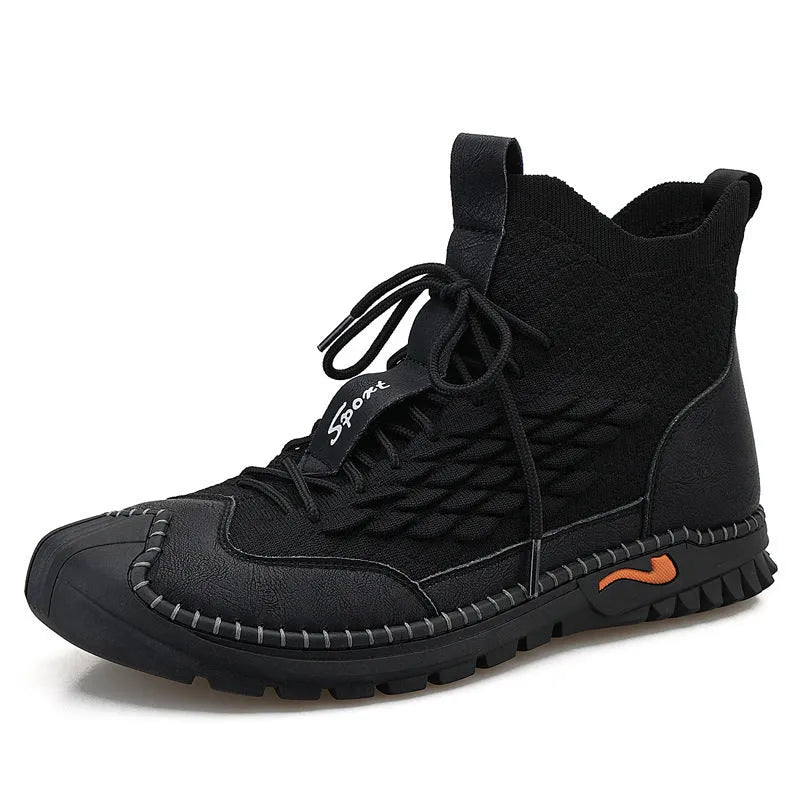 Men's casual flying weave upper round toe shoes in black for outdoor driving and hiking