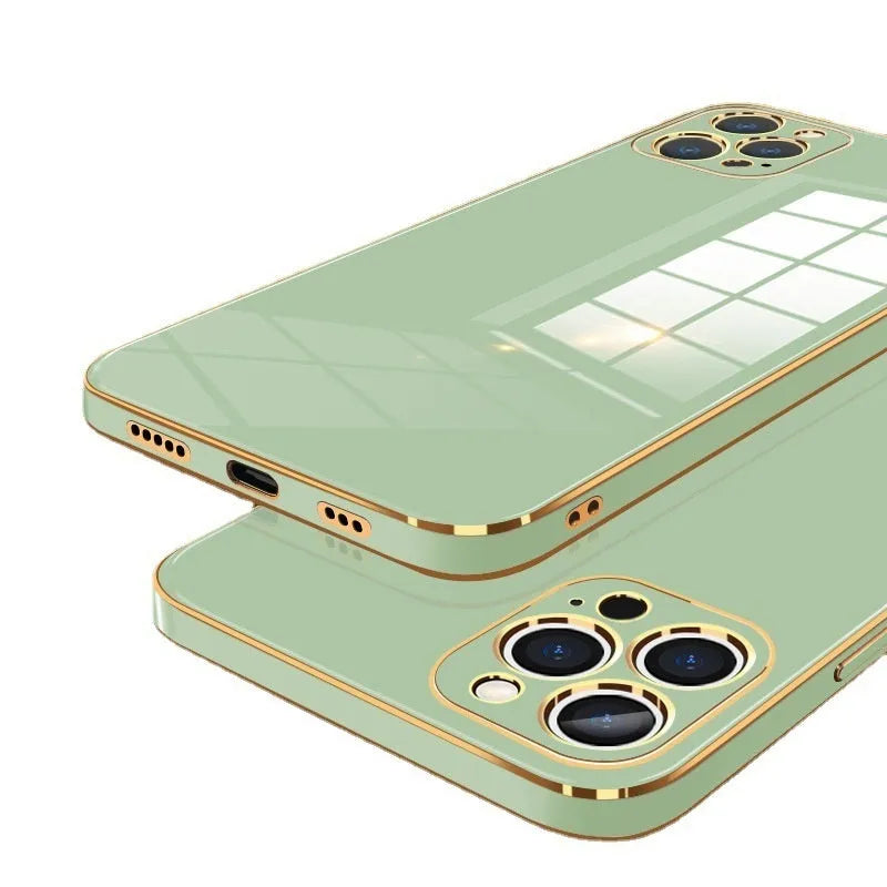 iPhone 15/16 case with 6D straight electroplated edge in mint green, showing back and side profile.