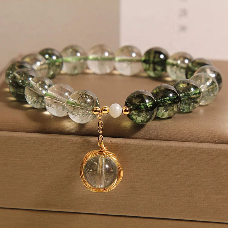 Women's green phantom quartz and chorite crystal bracelet in Japanese Korean style