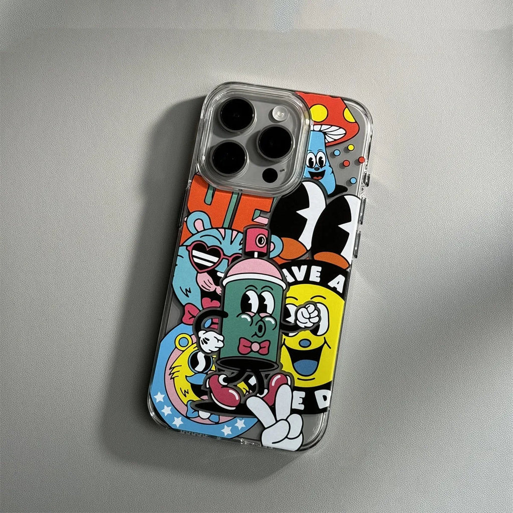 Cartoon transparent PC phone case with anti drop protection for iPhone 15 Pro Max, graffiti style