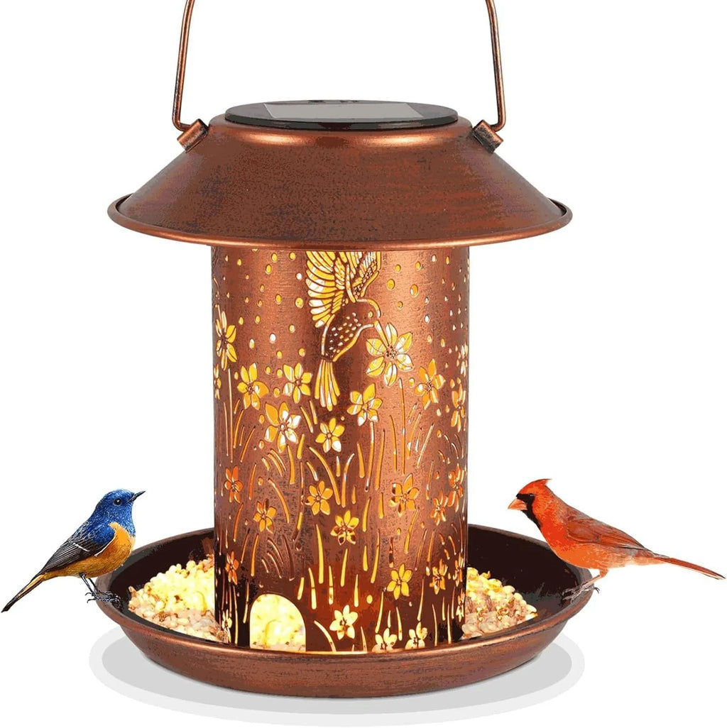 Solar powered iron art bird feeder with hummingbird pattern decoration and integrated LED lighting