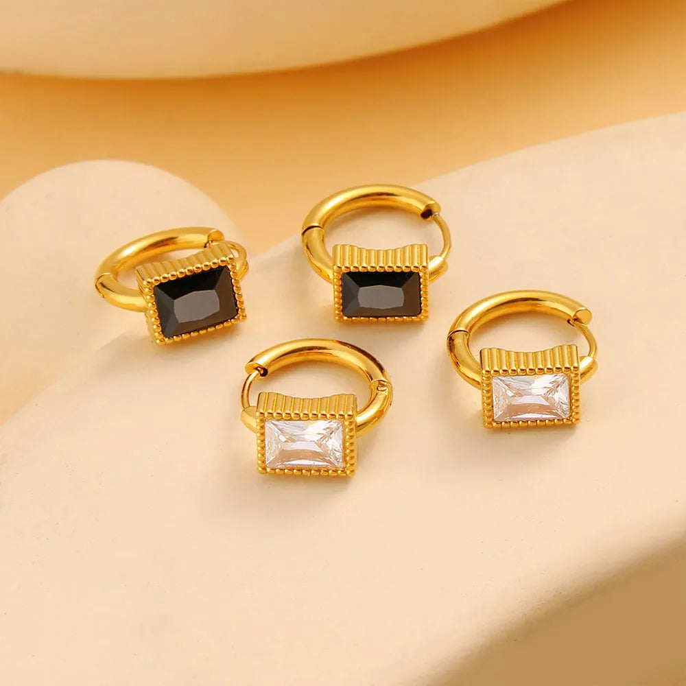 Square zircon stainless steel geometry earrings with round rings in white, black, or green.