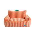 Striped orange soft velvet pet bed with a removable washable cover for dogs.