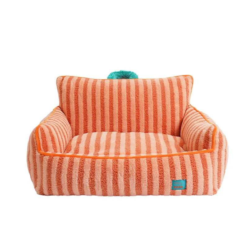 Striped orange soft velvet pet bed with a removable washable cover for dogs.