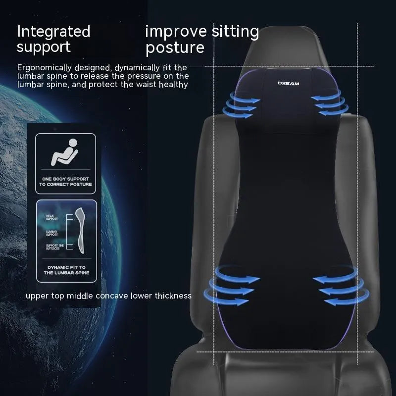Black automotive memory foam waist cushion and headrest pillow set on a car seat.