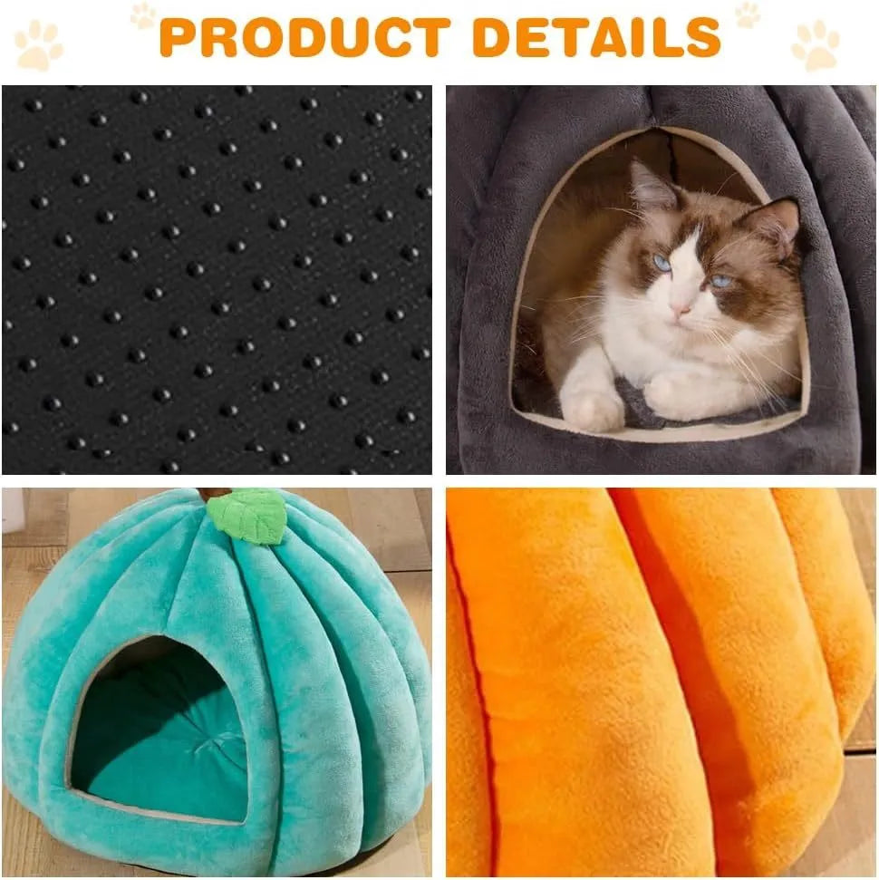 Pumpkin-shaped cat bed in blue with semi-enclosed cave design and removable interior mat