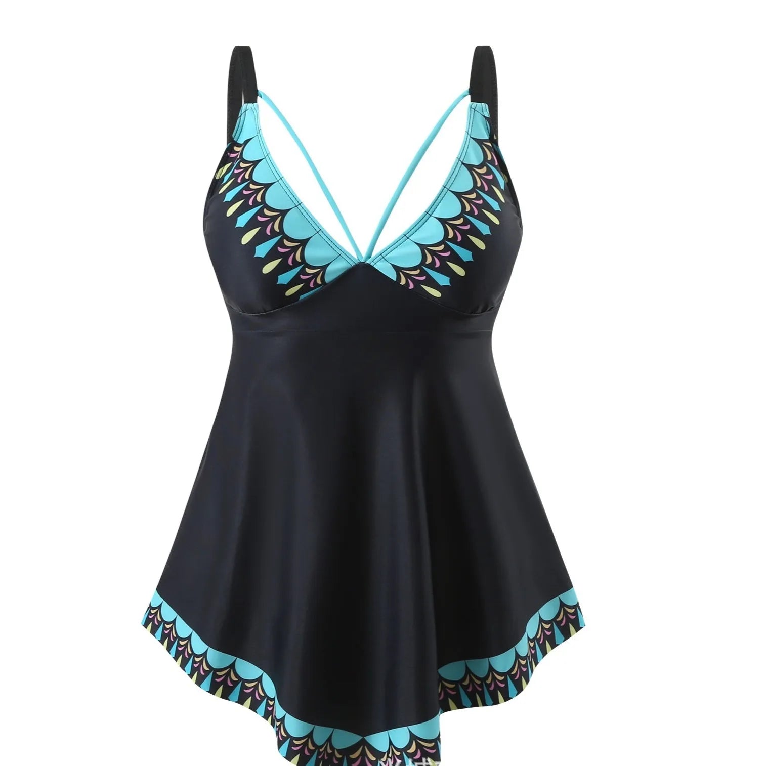 Plus size woman in green backless bikini top and briefs, quick-dry polyester swimsuit for swimming.
