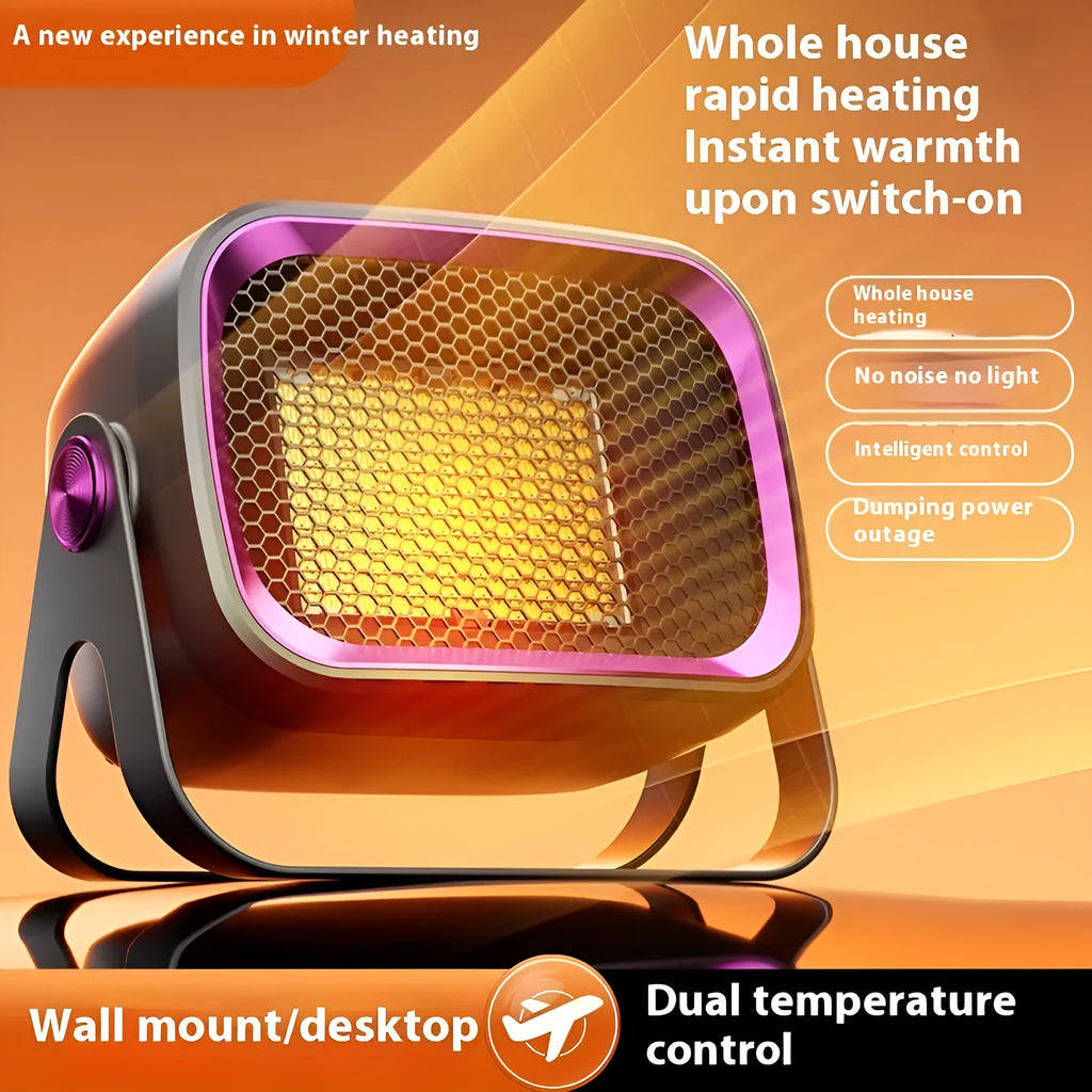 Compact white desktop ceramic heater with rotatable base on a wooden table.