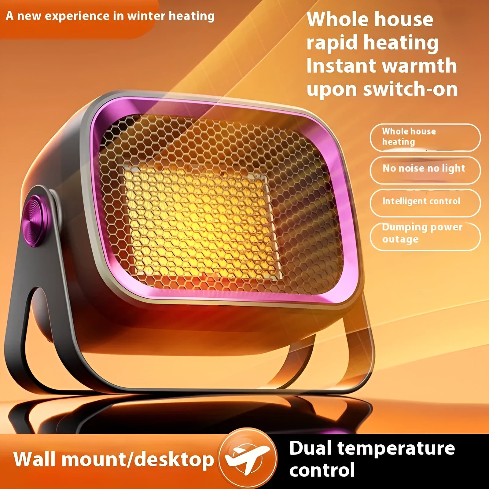Compact white desktop ceramic heater with rotatable base on a wooden table.