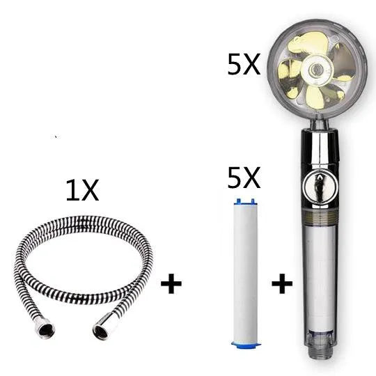 Blue handheld shower head with stop button and turbo nozzle on a chrome bracket.
