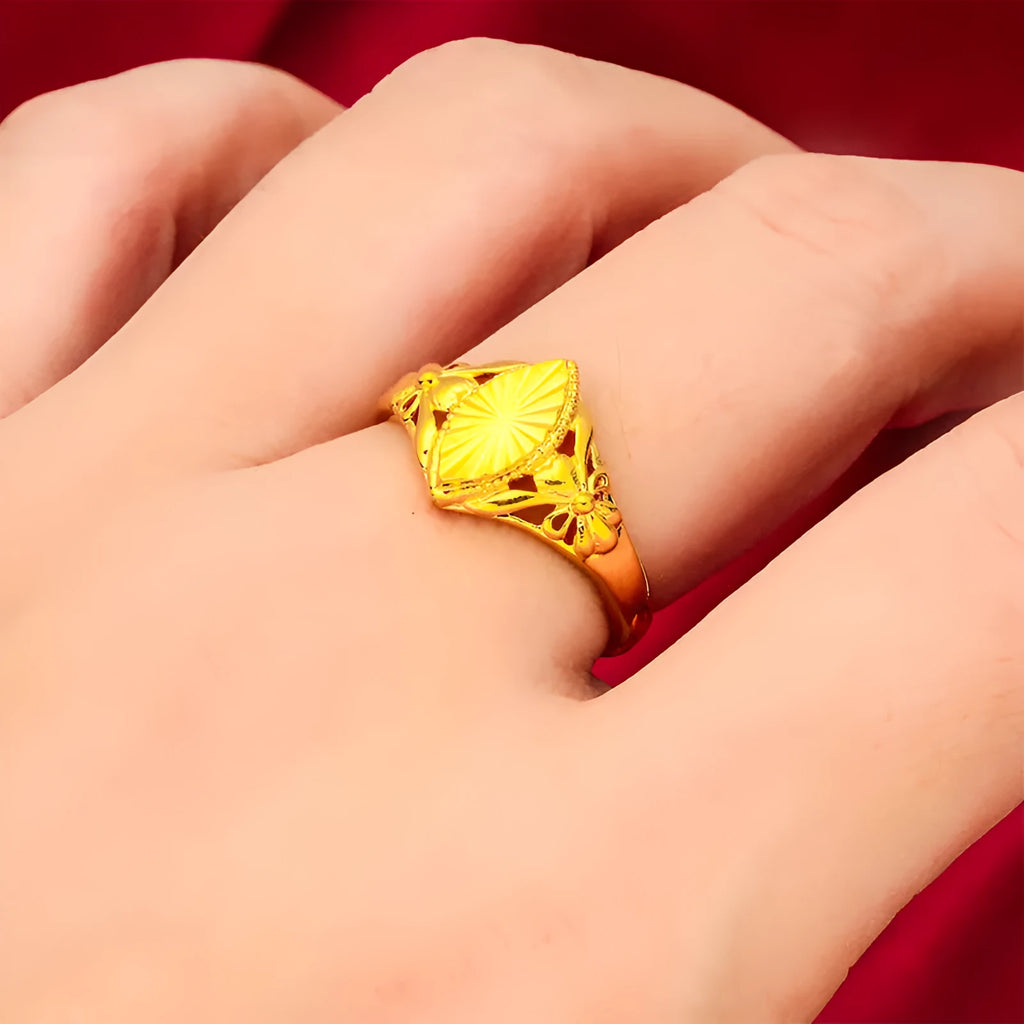 Alluvial gold electroplated brass ring with open diamond flower design and geometric texture