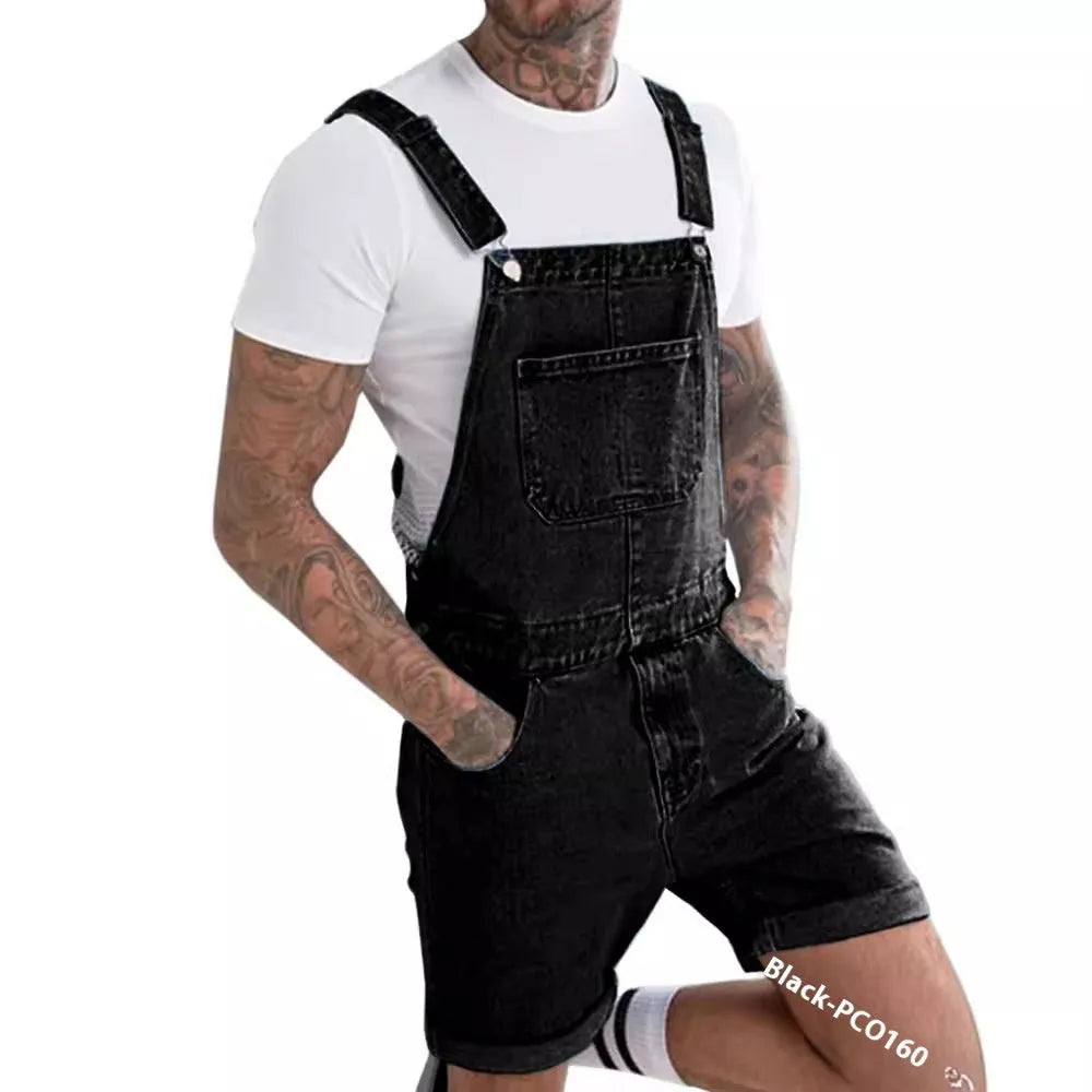 Youth denim suspender shorts in black with mid waist fit and straight leg styling