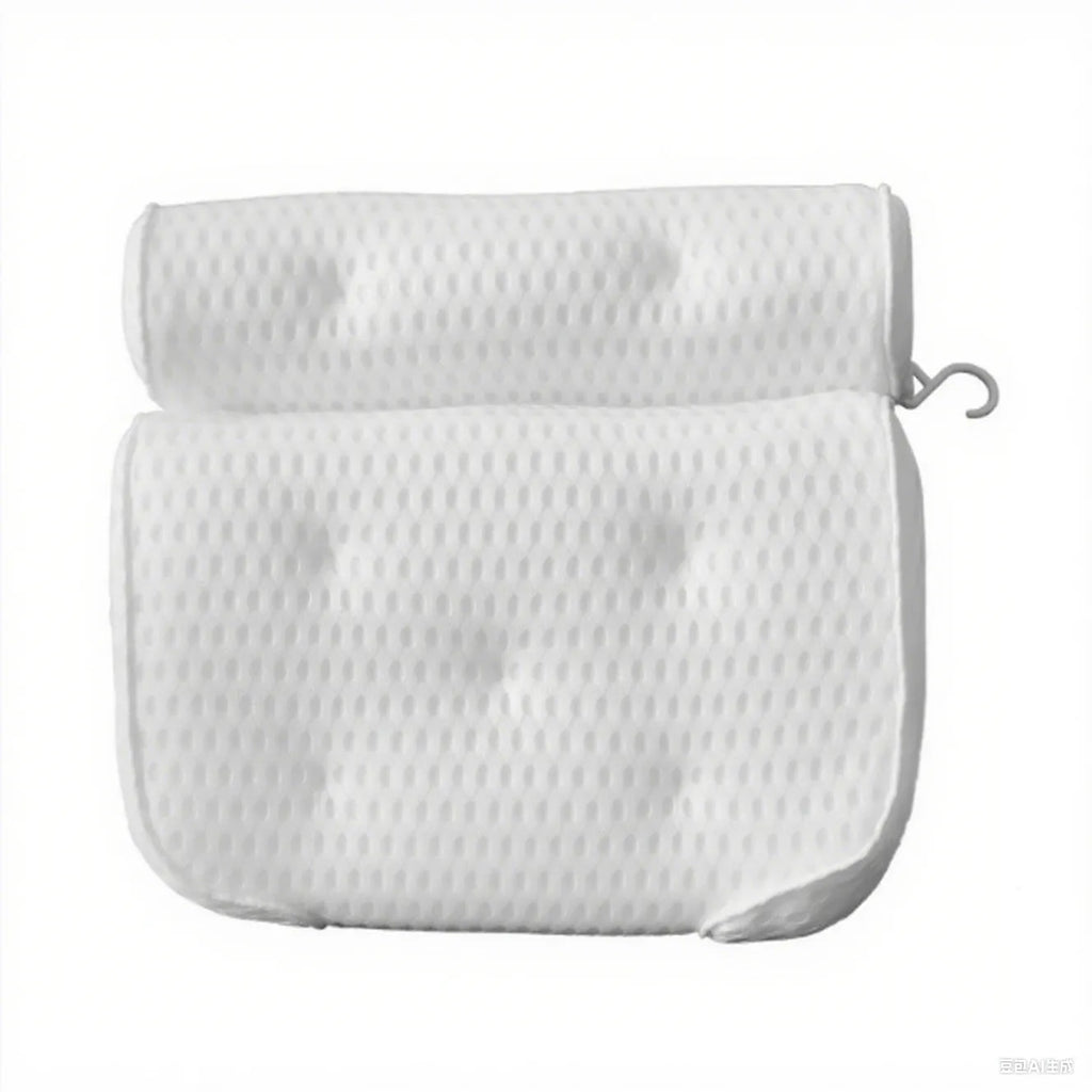 White bathtub pillow with 3D mesh fabric and suction cups on a tub surface.