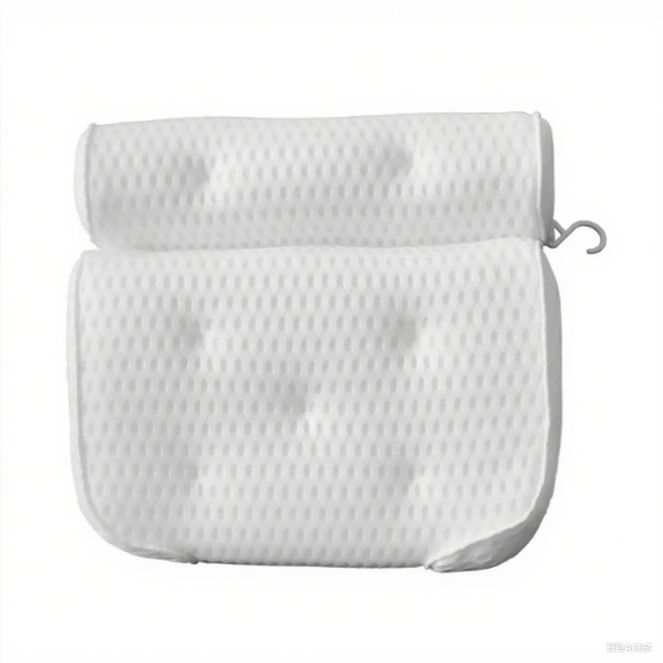 White bathtub pillow with 3D mesh fabric and suction cups on a tub surface.