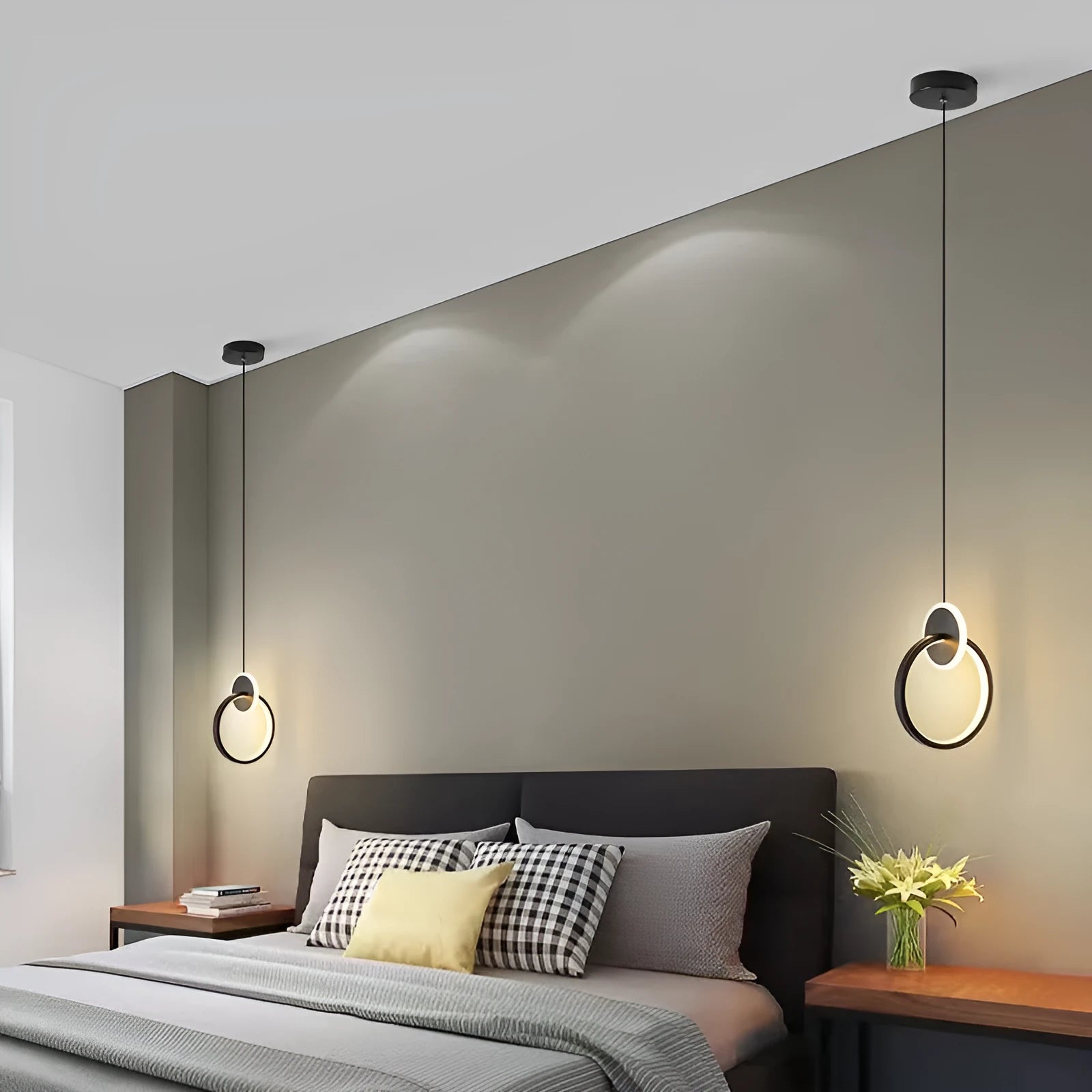 Modern black double-ring Nordic LED chandelier pendant light with adjustable cord