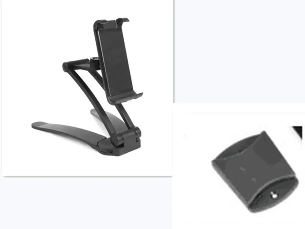 Silver aluminium alloy tablet stand with adjustable black clips holding a tablet, showing 360-degree rotation on a wooden desk.