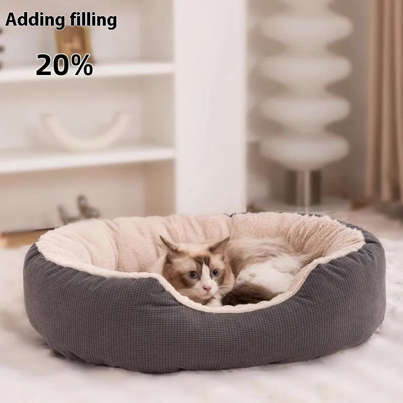 Winter fleece-lined cat nest in gray, khaki, or bright yellow, sizes S to XL, removable washable pet bed
